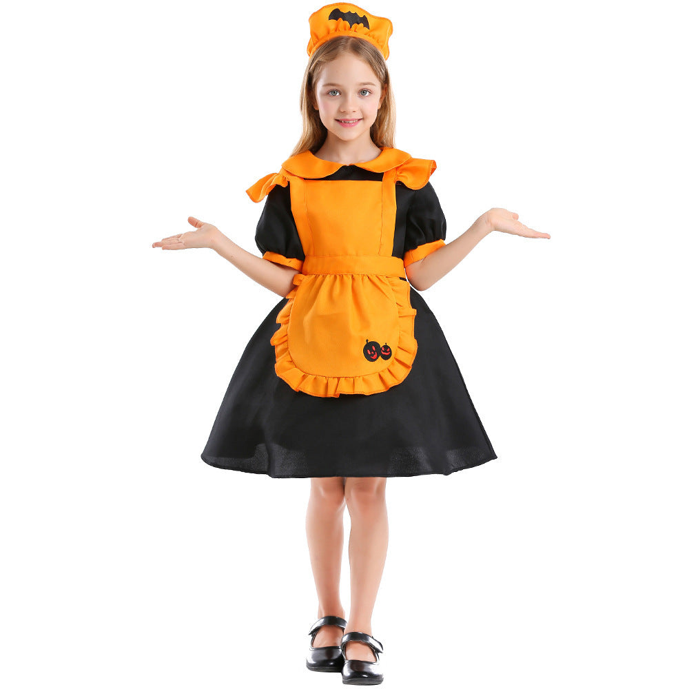 Girls Pumpkin Fairy Costume with Swinging Skirt and Chic Apron Design Chichicherry