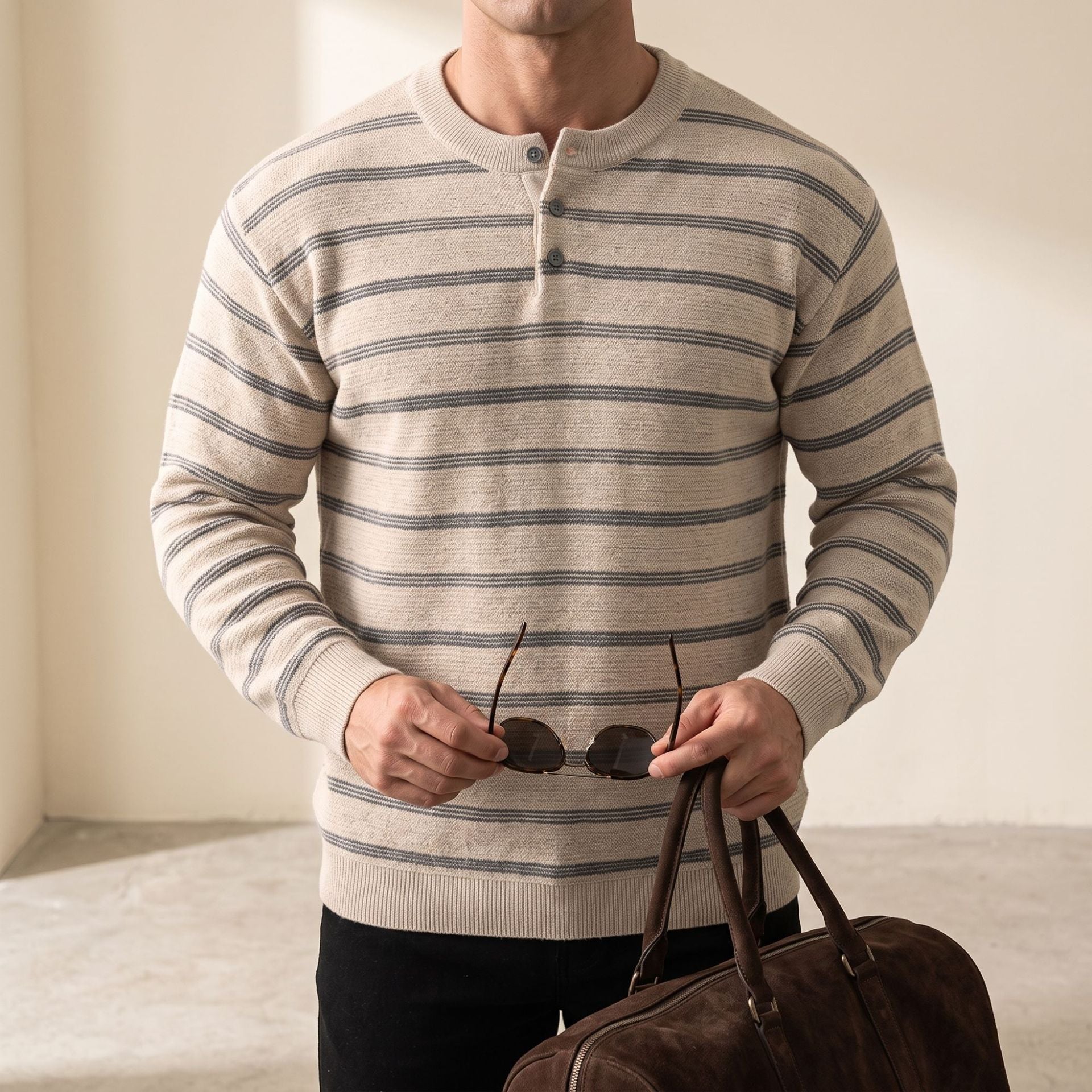 Men's Henley knit sweater with fine texture and horizontal stripes Chichicherry