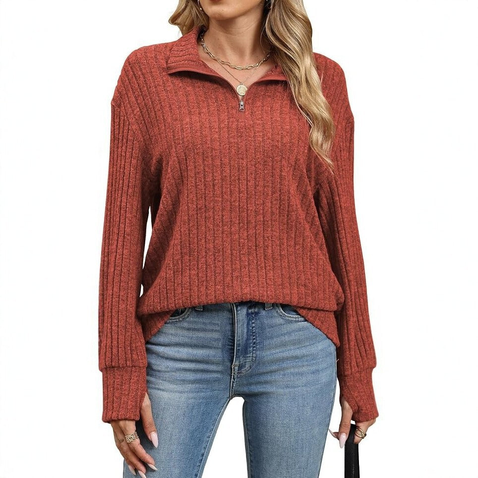Women's Ribbed Half-Zip Sweater with Stand-Up Collar and Relaxed Fit Chichicherry