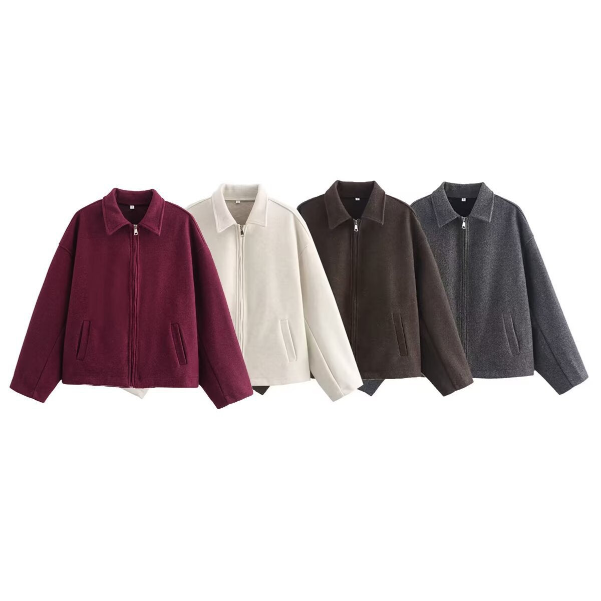 Women Boxy Wool Blend Bomber Jacket with Shirt Collar, Concealed Zipper and Side Pockets Chichicherry