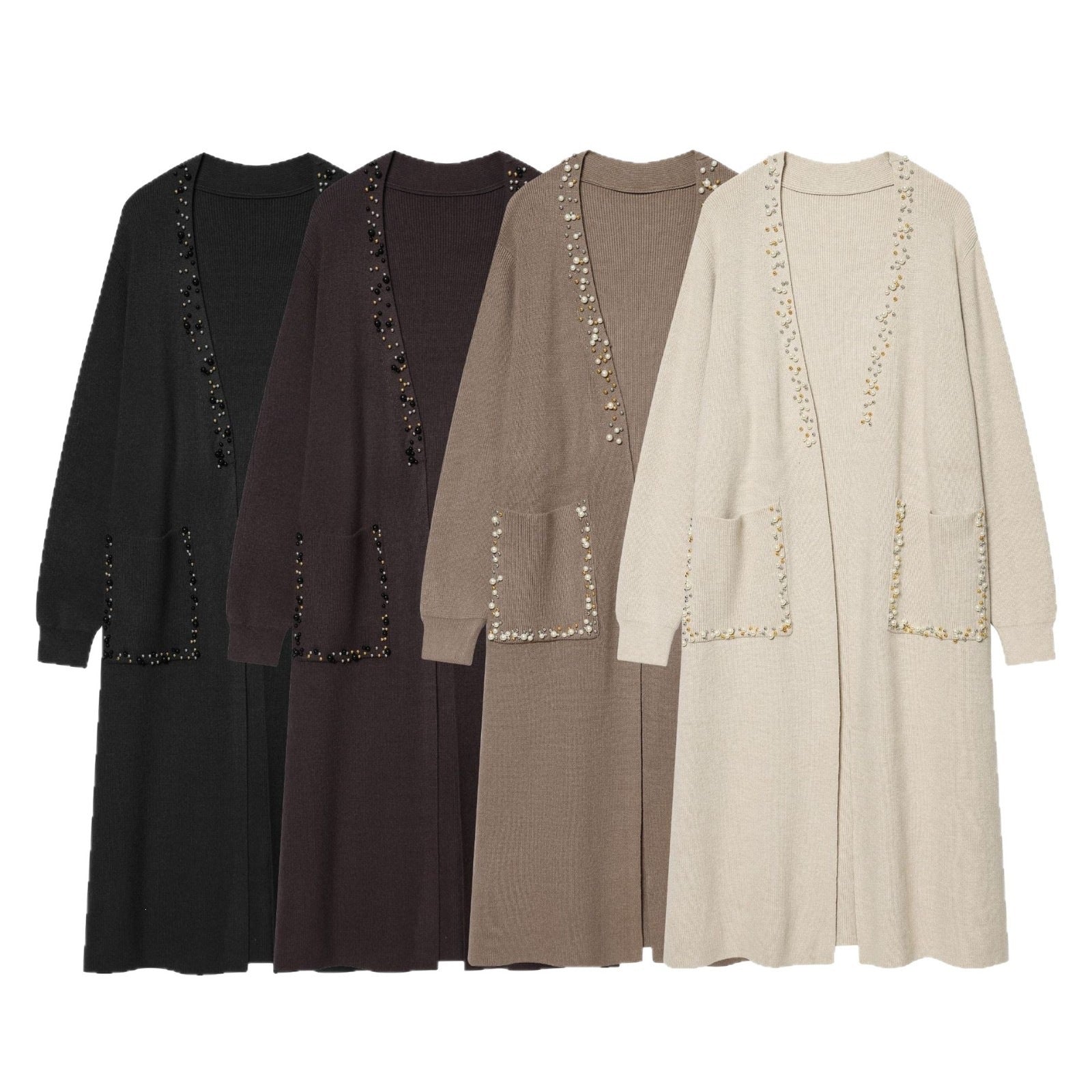 Women's long knitted cardigan with pearl trim and patch pockets Chichicherry