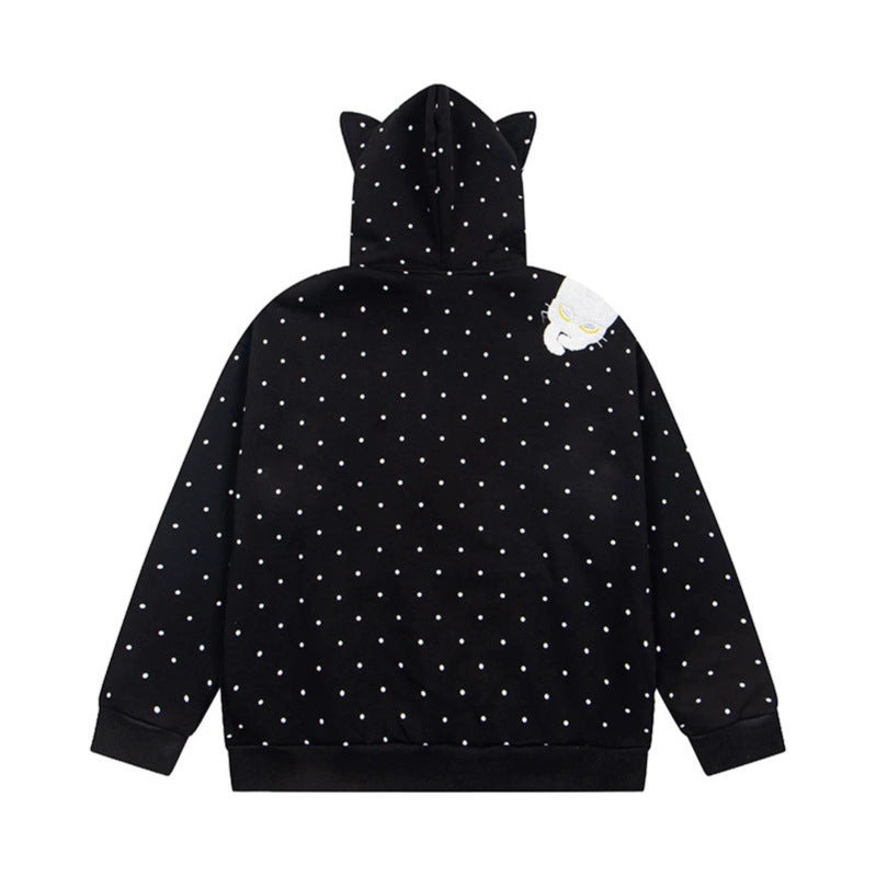 Women's hoodie sweatshirt jacket with cat ears, all-over polka dot and chenille cat applique Chichicherry