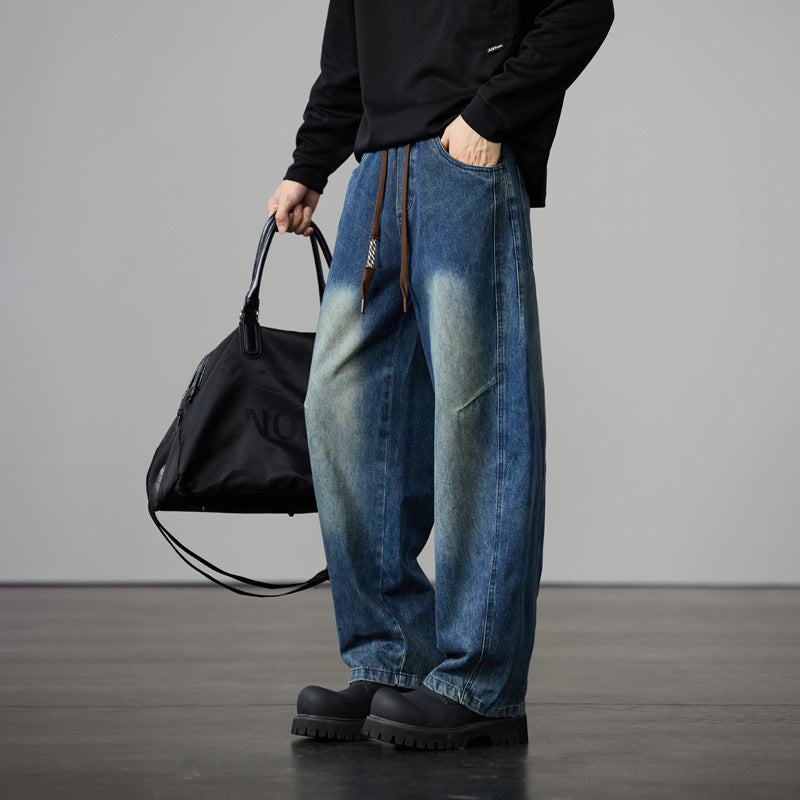 Men's Baggy Denim Pants with Drawstring and Used-Wash Details Chichicherry