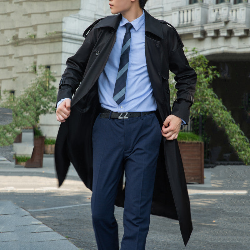 Men's Double-Breasted Trench Coat with Waist Belt and Epaulettes Chichicherry