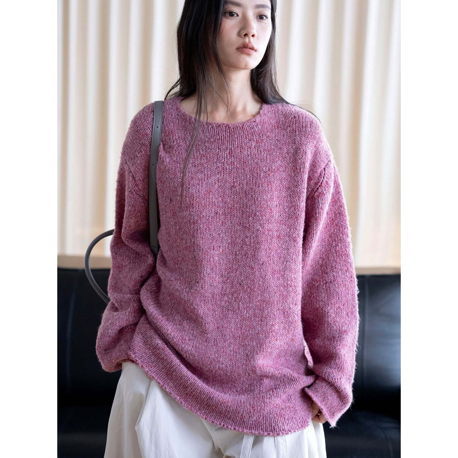 Ladies Relaxed Crew Neck Sweater made of Tweed Blend Yarn with Dropped Shoulder Chichicherry