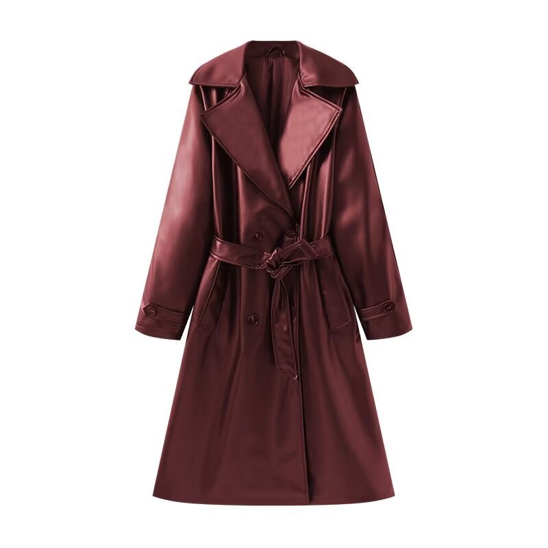 Women's Long Shiny Trench Coat Transition Jacket in Leather Look with Waist Belt Chichicherry