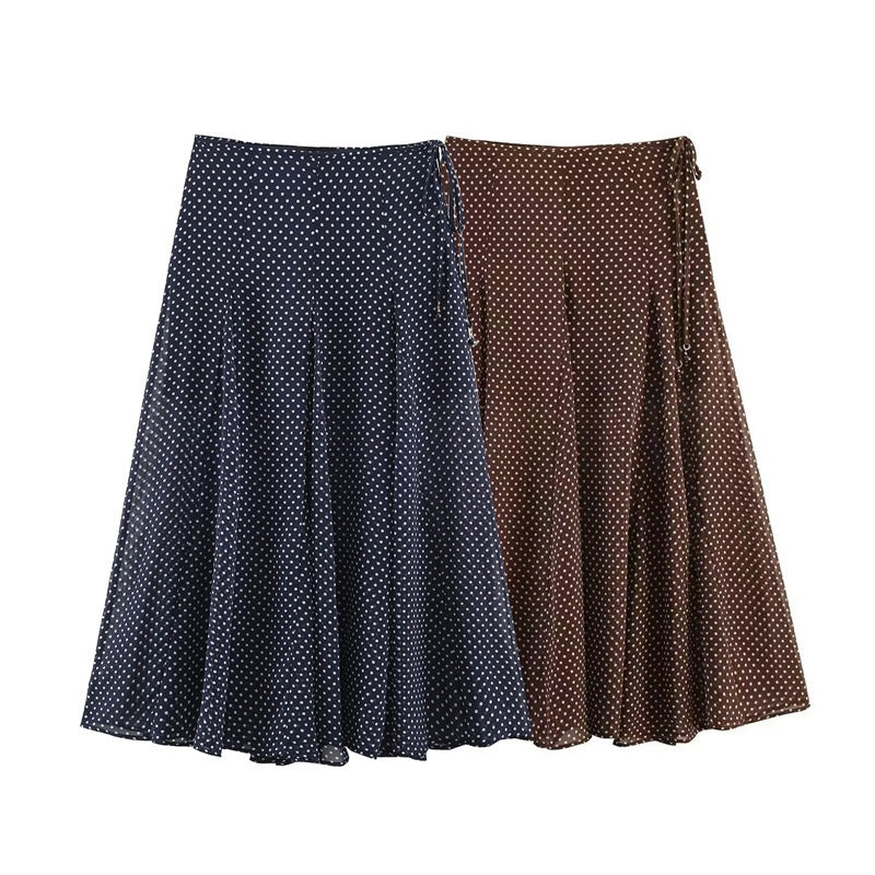 Women's Flowing A-Line Midi Skirt with Polka Dot Print and Tie Bow Chichicherry
