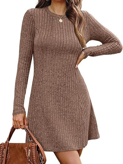 Women's ribbed knit dress with round neckline and figure-flattering A-line silhouette Chichicherry