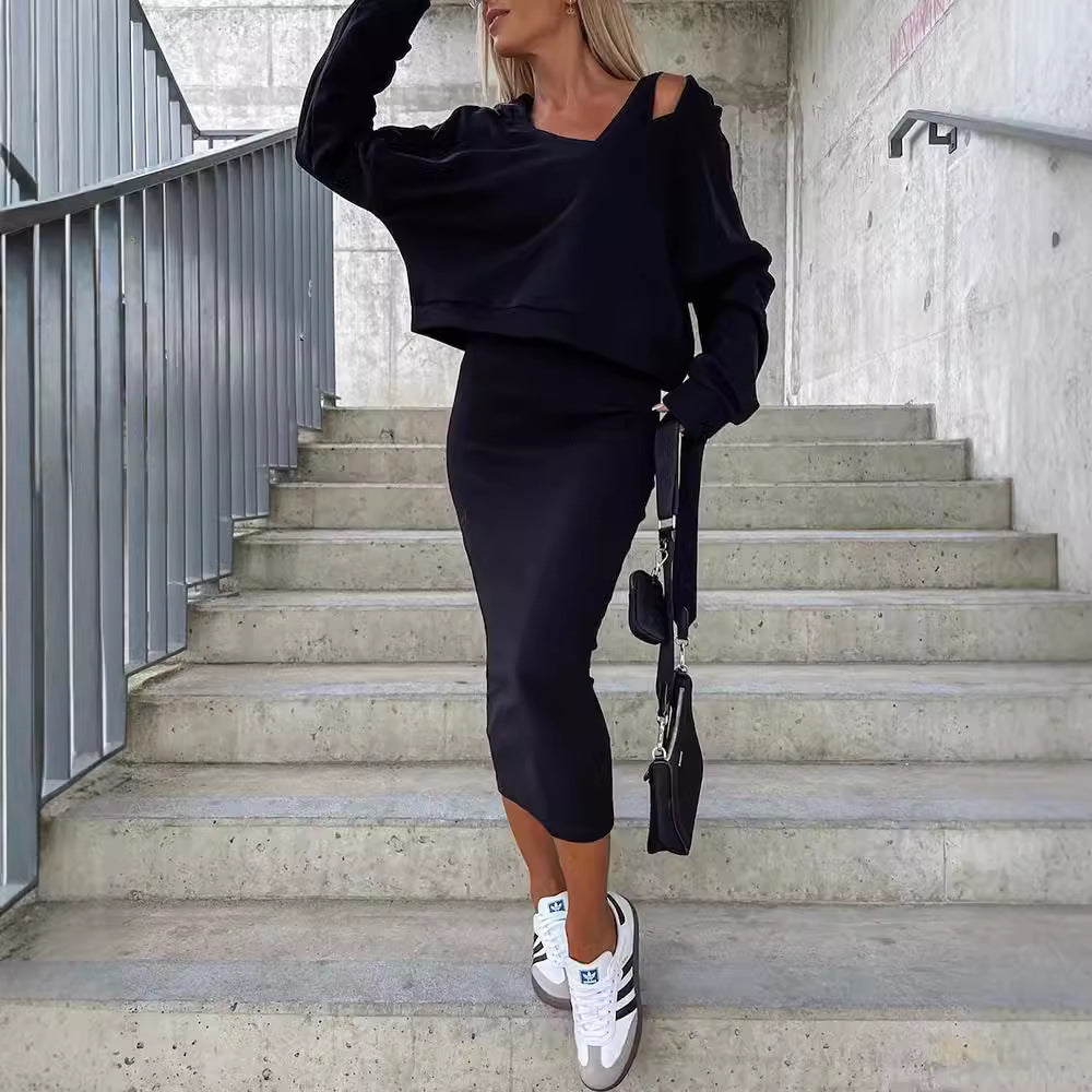 Damen Casual-Set Cropped-Sweatshirt mit Cut-Out-Trägern und High‑Waist Midirock aus Stretch-Fleece Chichicherry