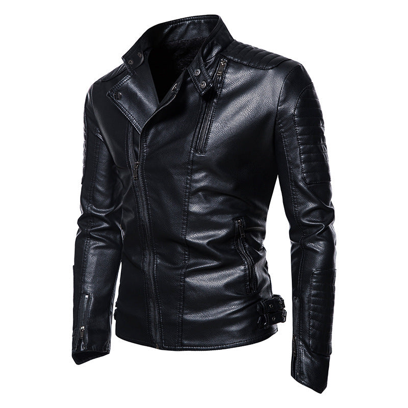 Men's Slim-Fit Biker Jacket made of Faux Leather with Quilted Shoulder and Sleeve Yoke Chichicherry