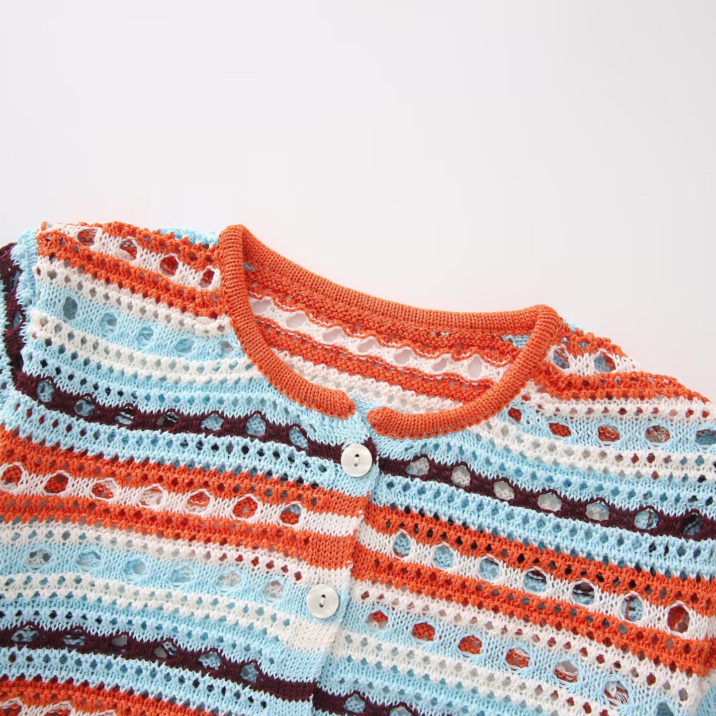 Women's crochet cardigan with lace pattern, striped texture and three-quarter sleeves Chichicherry