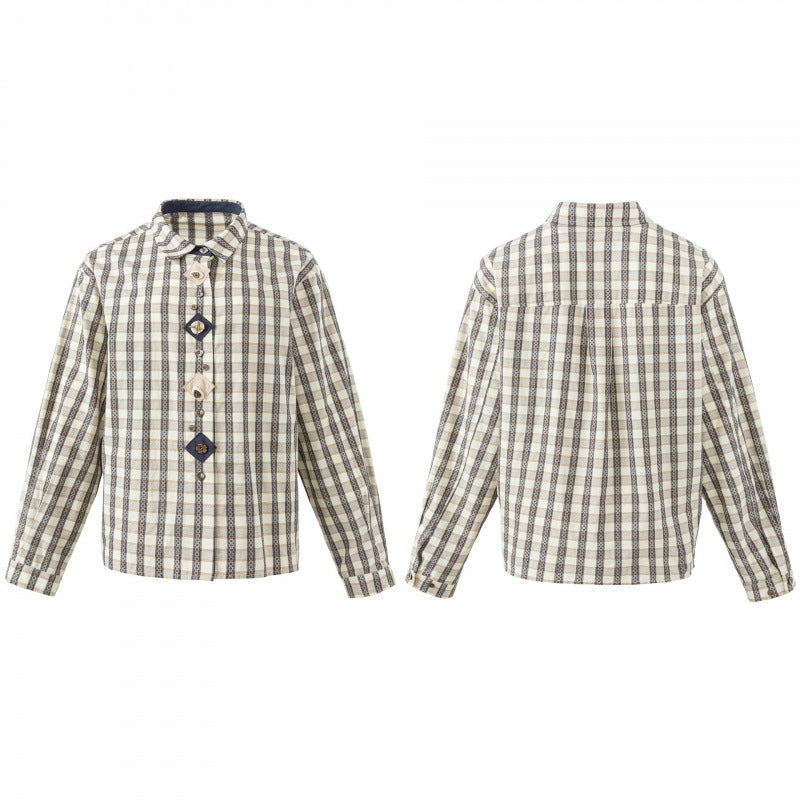 Women's Boxy Shirt Jacket with Geometric Check Pattern and Decorative Button Placket Chichicherry