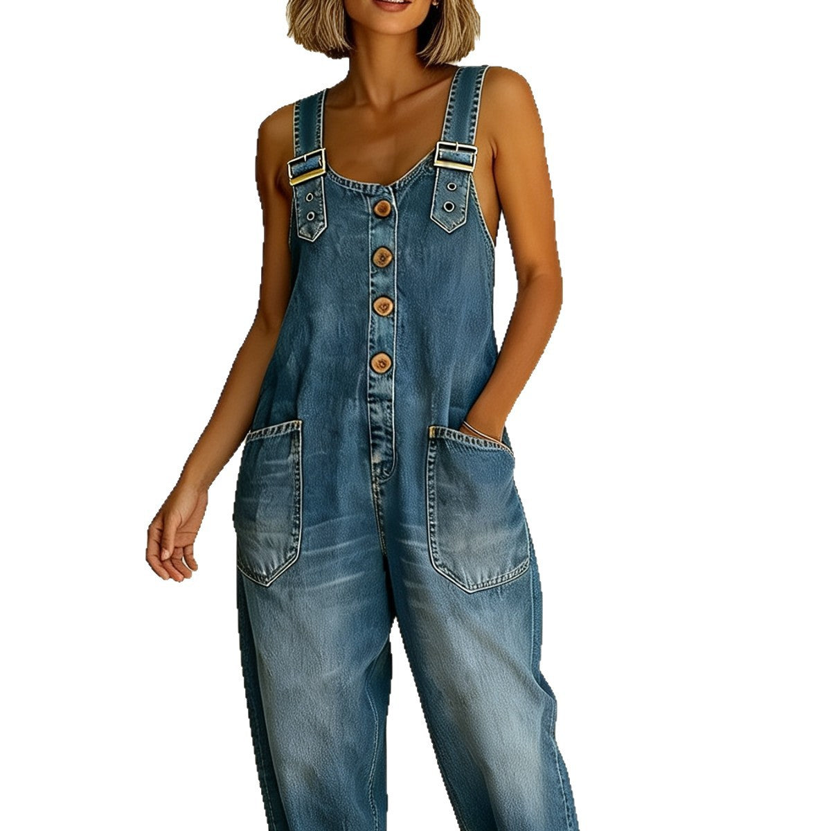 Damen Weite Denim-Latzhose mit Knopfleiste, verstellbaren Trägern und aufgesetzten Taschen Chichicherry