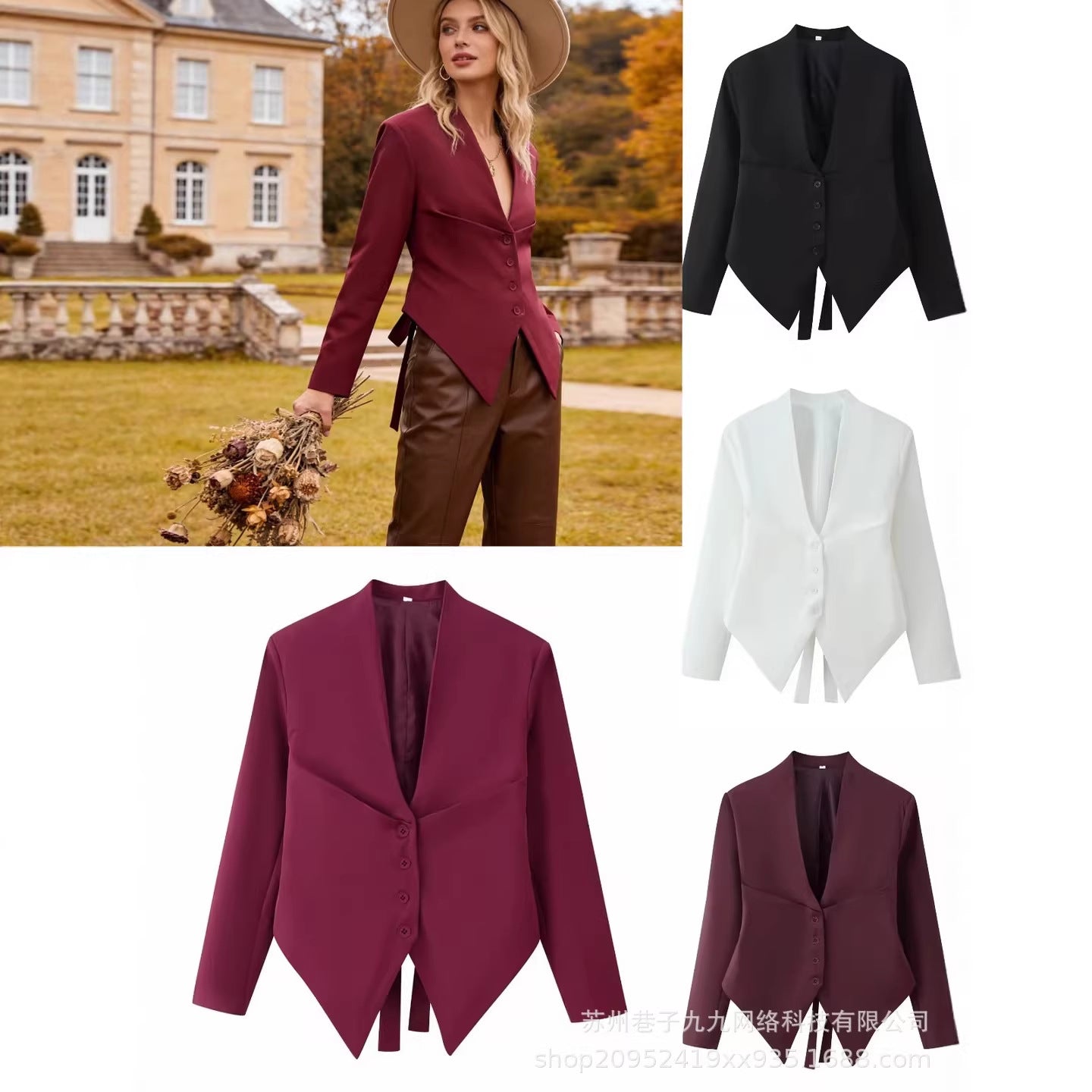 Women Asymmetrical Blazer Jacket with Deep V-Neck and Pointed Hem Chichicherry