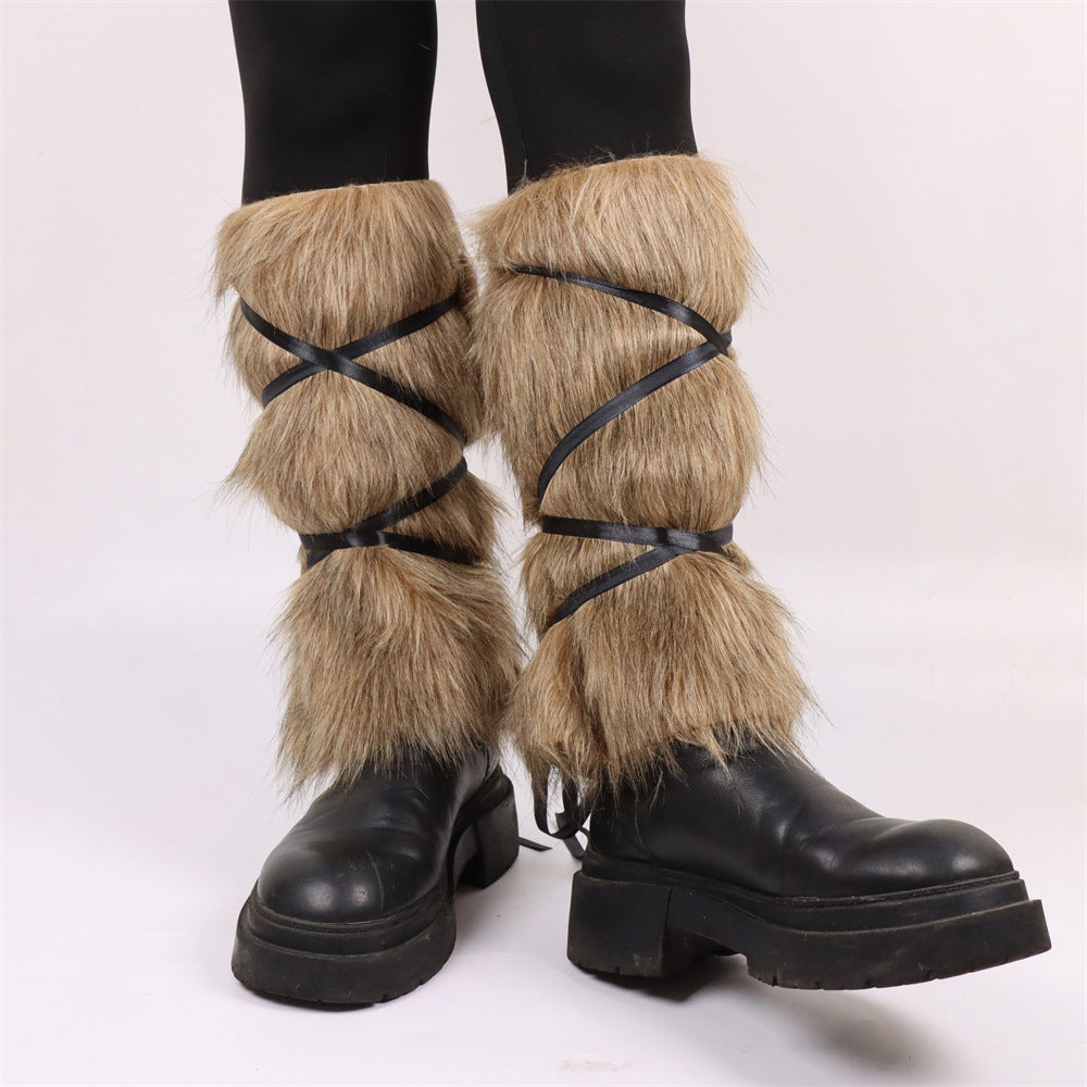 Ladies high-pile leg warmers with faux fur look and wrap straps Chichicherry