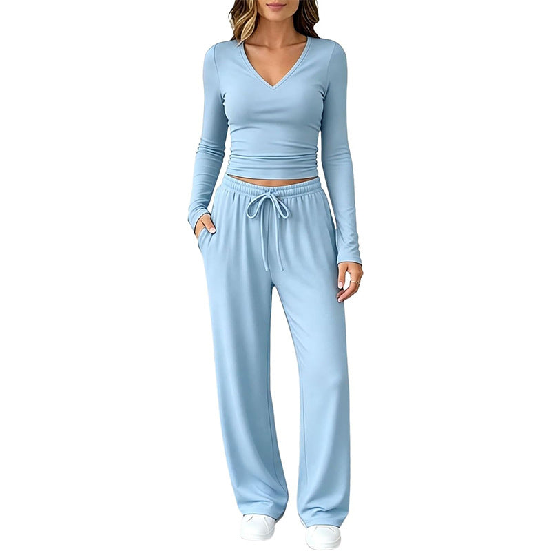 Women's Two-Piece Lounge Set with Fitted V-Neck Cropped Top and Loose Drawstring Pants Chichicherry