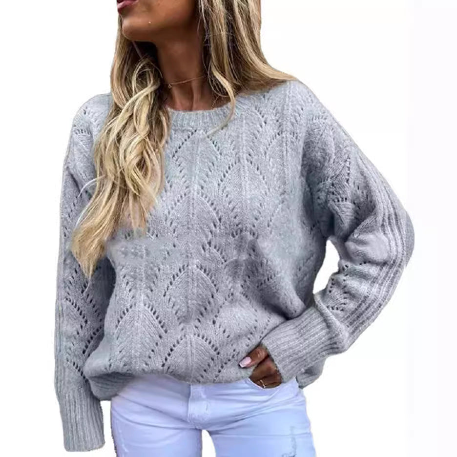 Women Oversize Ajour Knit Sweater with Round Neck Chichicherry