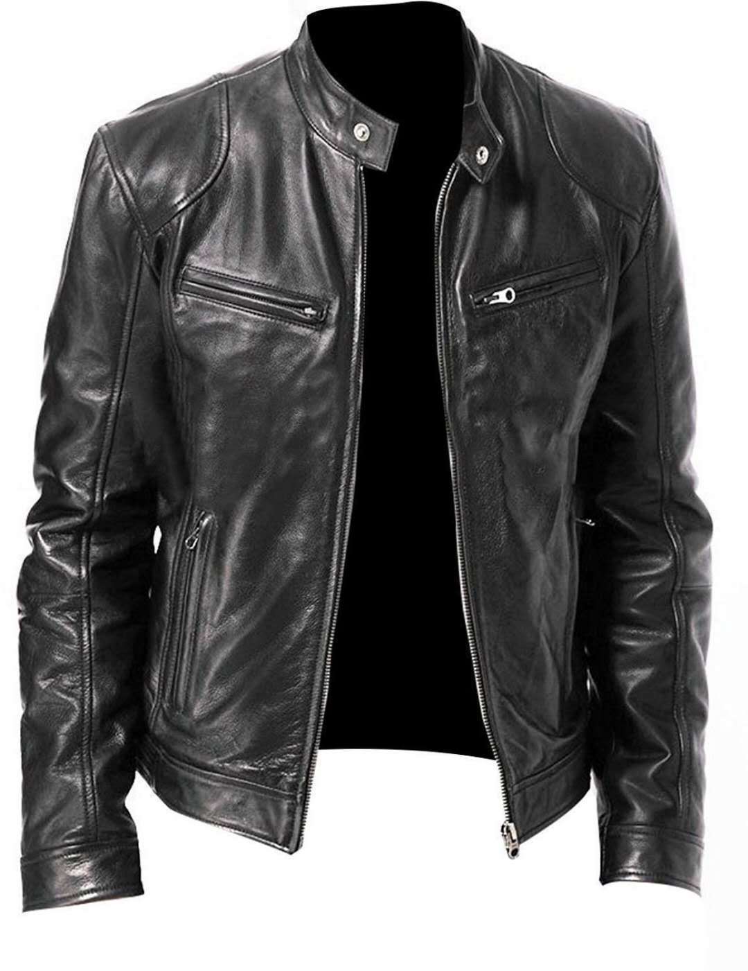 Men's Vegan Leather Blouson with Stand-up Collar
