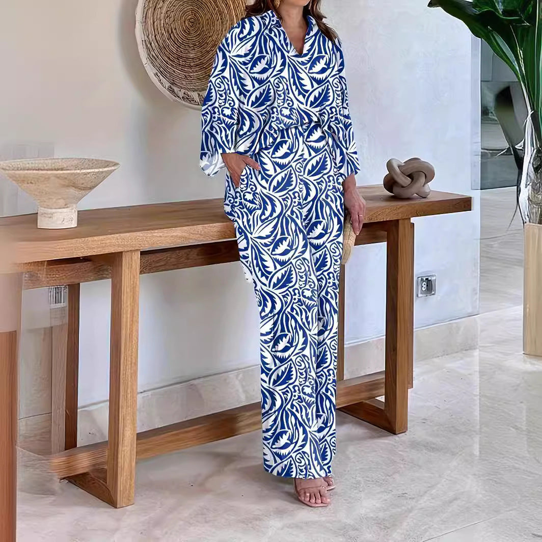 Women's Patterned Kimono Lounge Set with Wide Palazzo Pants made of Lightweight Viscose Mix Chichicherry