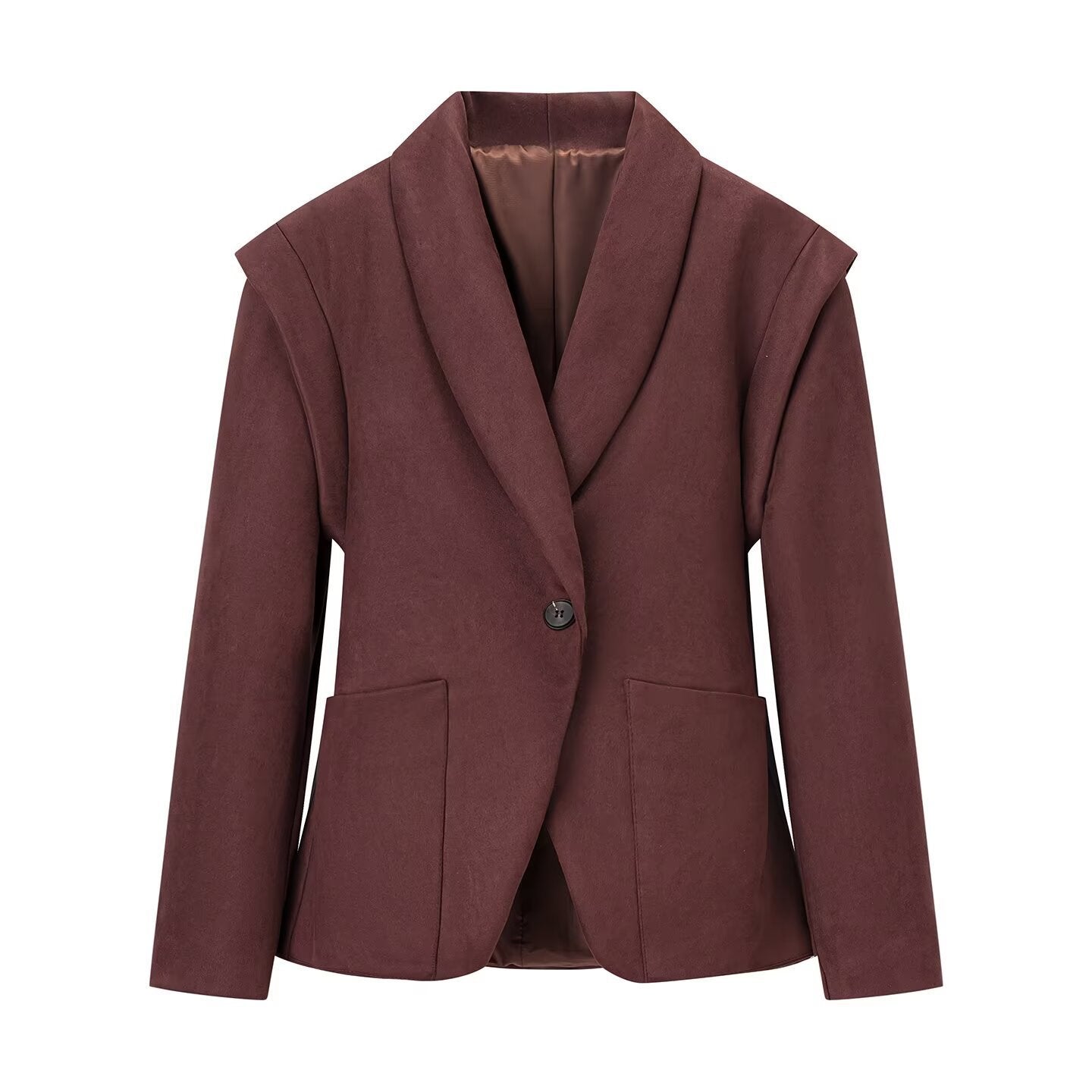 Women Oversize Velvet Blazer with Shawl Collar, Single Button Closure and Patch Pockets Chichicherry