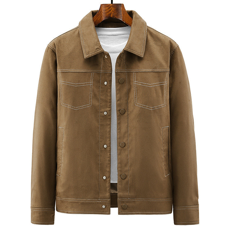Men's Canvas Work Jacket with distinctive contrast stitching, high collar, and snap button closure Chichicherry