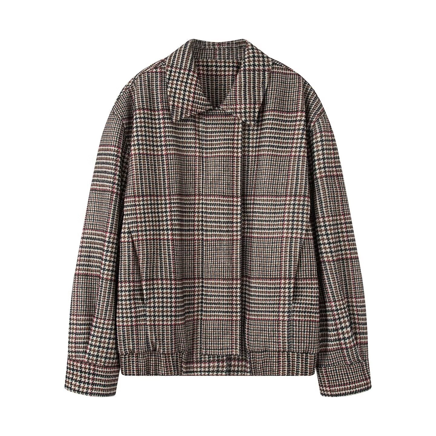 Women's Oversize Short Jacket in Houndstooth Pattern with Stand Collar and Elastic Hem Chichicherry