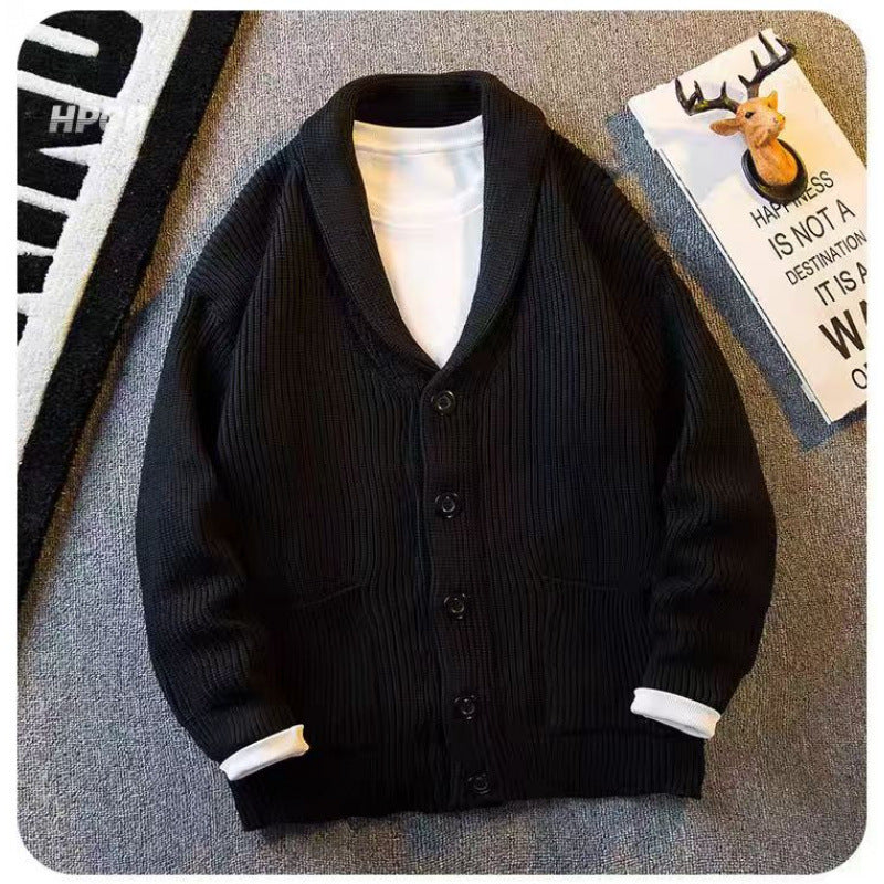Herren Schalkragen-Cardigan aus grobem Rippstrick mit Taschen & Knopfleiste Chichicherry