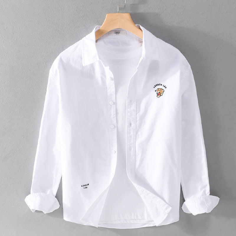 Men's Lightweight Cotton Overshirt in Layering Look with Logo Embroidery and Kent Collar Chichicherry