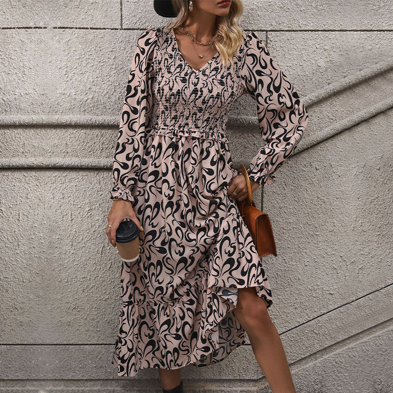 Ladies max dress with smock detail, V-neck and ruffle tiers Chichicherry