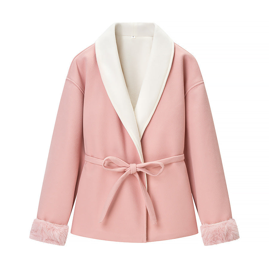 Women's short blazer coat with kimono shawl collar, waist belt, and faux fur cuffs Chichicherry