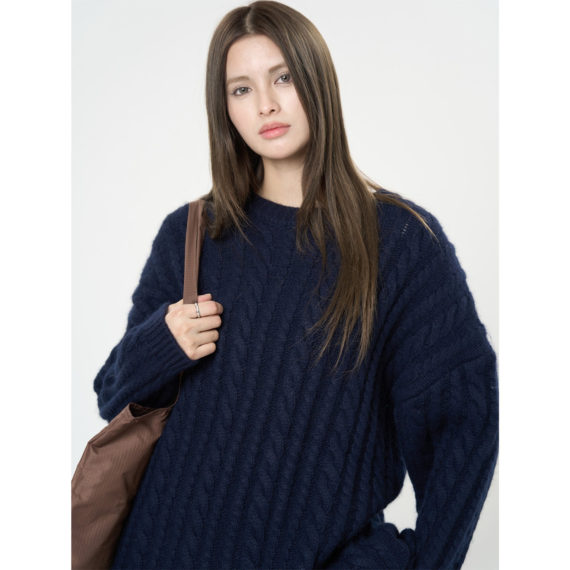 Women's Oversize Chunky Knit Sweater with Cable Pattern and Boxy Silhouette Chichicherry