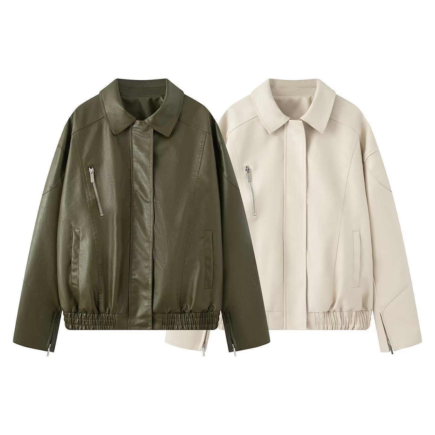 Women's Oversize Faux Leather Blouson with Elastic Hem, Slanted Zipper Chest Pocket and Zipper Sleeves Chichicherry