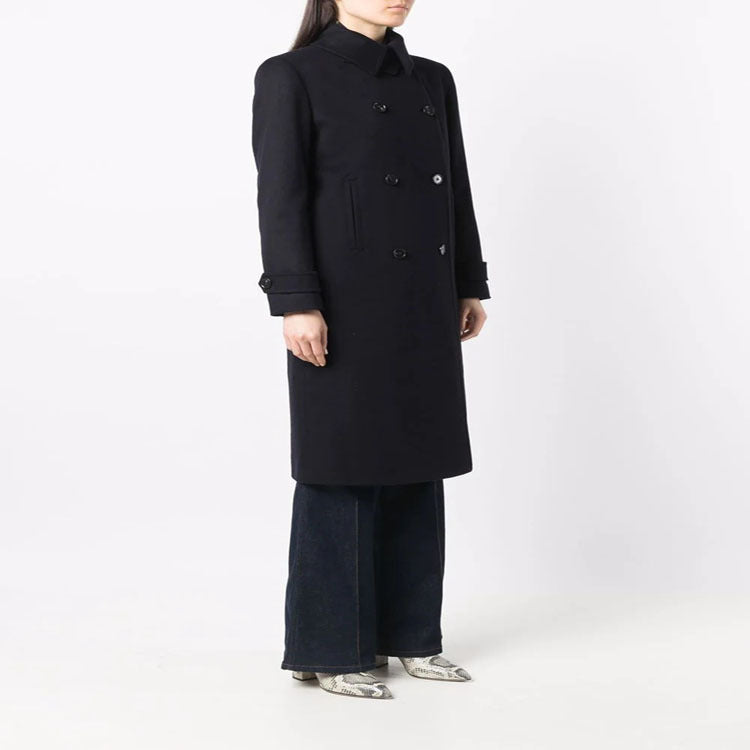 Women's Figure-Hugging Double-Breasted Wool Blend Long Coat with Draped Lapel Chichicherry