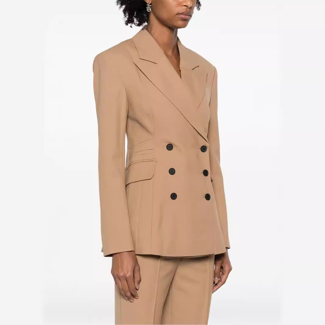 Women Two-Piece Tailored Double-Breasted Blazer Trousers Suit with Flared Palazzo Pants Chichicherry