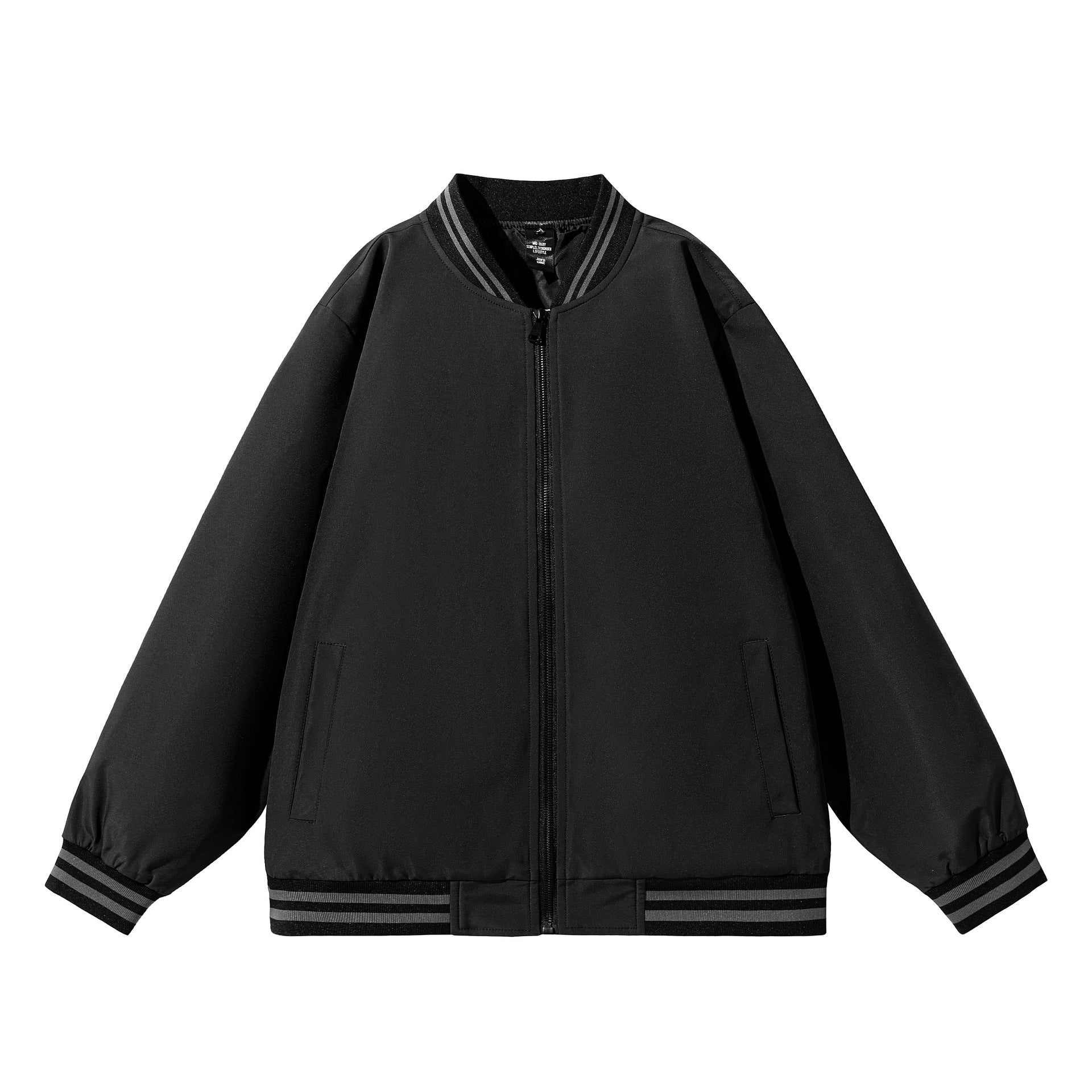 Men's Wide Oversized Bomber Jacket in Utility Look with Striped Ribbed Cuffs and Full-length Zipper Chichicherry