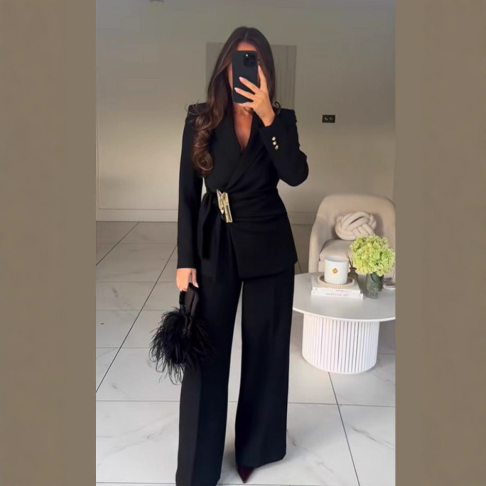 Women's Tailored Wrap Blazer with Decorative Metal Buckle & High-Waist Palazzo Pants Chichicherry