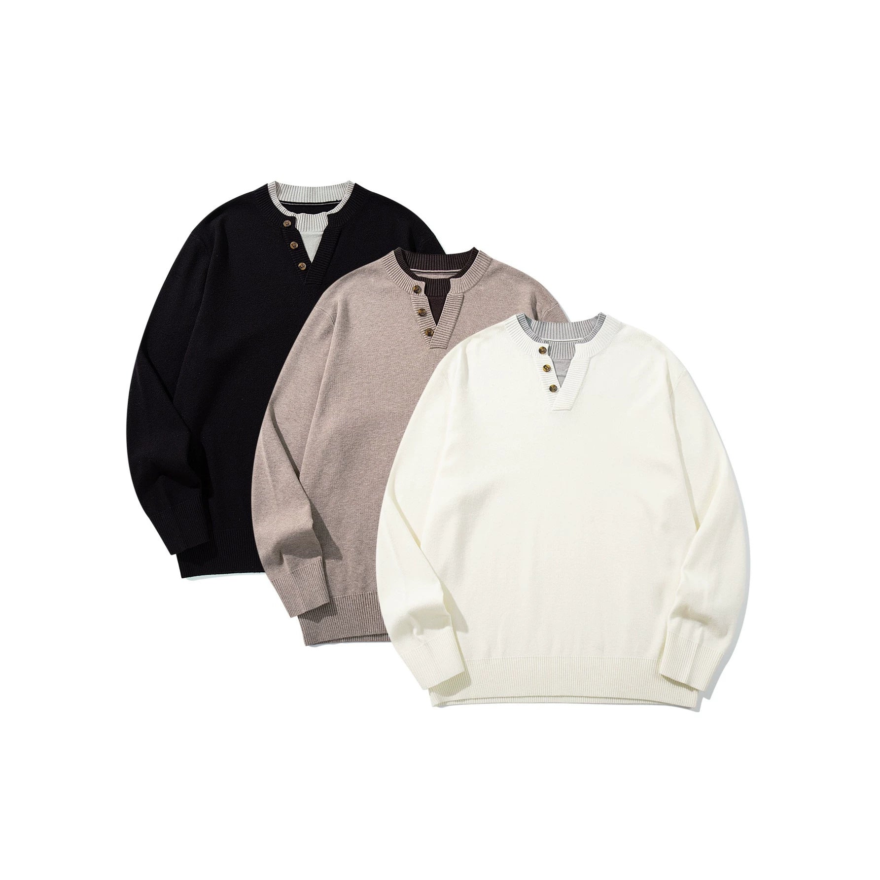 Unisex Ribbed Cotton Blend Sweater with Henley Button Placket and Relaxed Fit Chichicherry