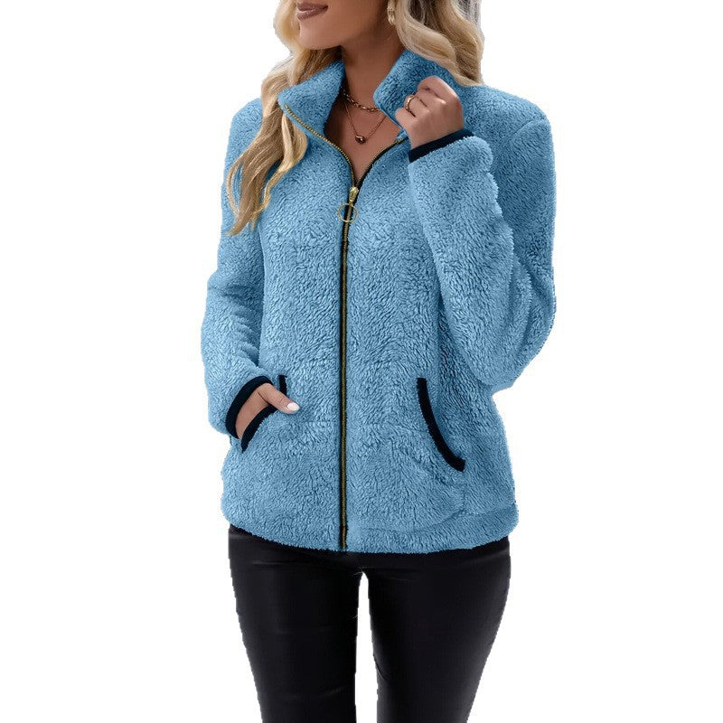 Women's thermal sherpa fleece jacket with stand-up collar, contrast edges and ring zipper Chichicherry