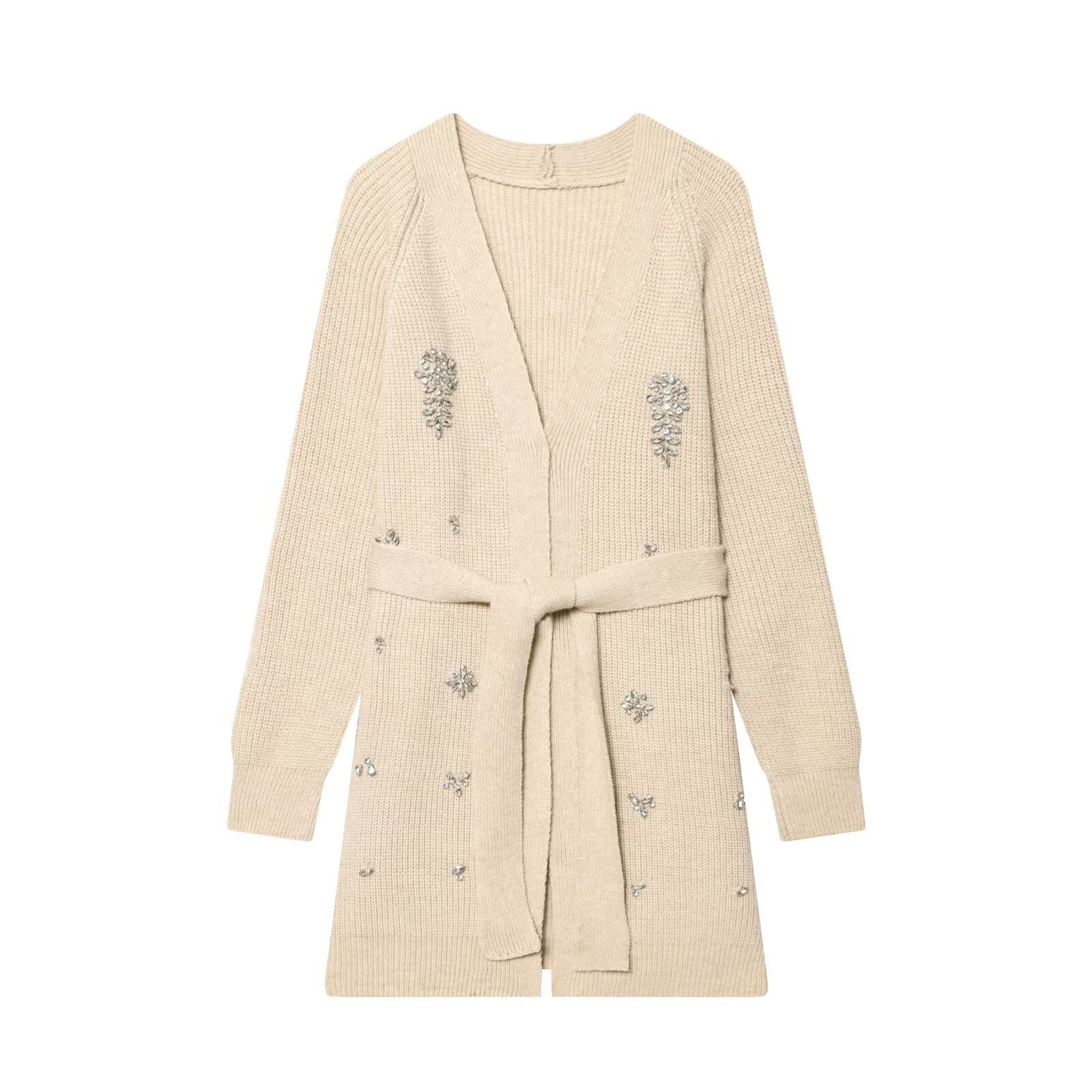 Women's Long Cardigan with Tie Belt and Gemstone Application Chichicherry