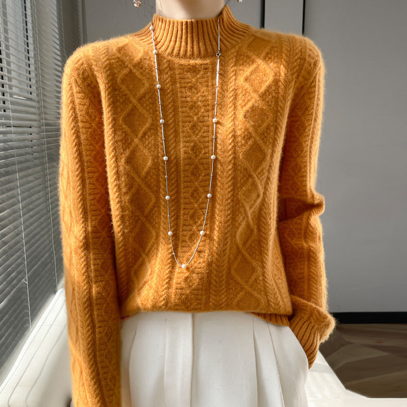 Women's cable-knit mock neck sweater with fine ajour detail and fluffy cashmere look Chichicherry