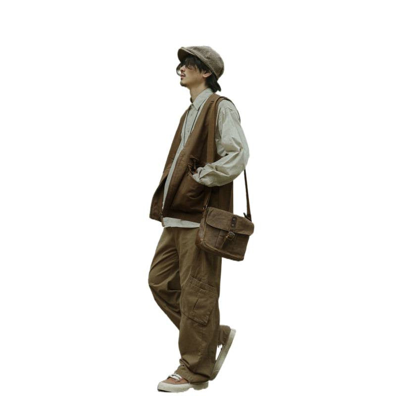 Herren Multifunktionale Canvas-Utility-Weste mit Fronttaschen und Reißverschluss Chichicherry