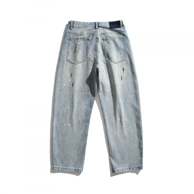 Men's Loose-Fit Vintage Denim Pants with Used Effect, Paint-Splatter and Distressed Details Chichicherry