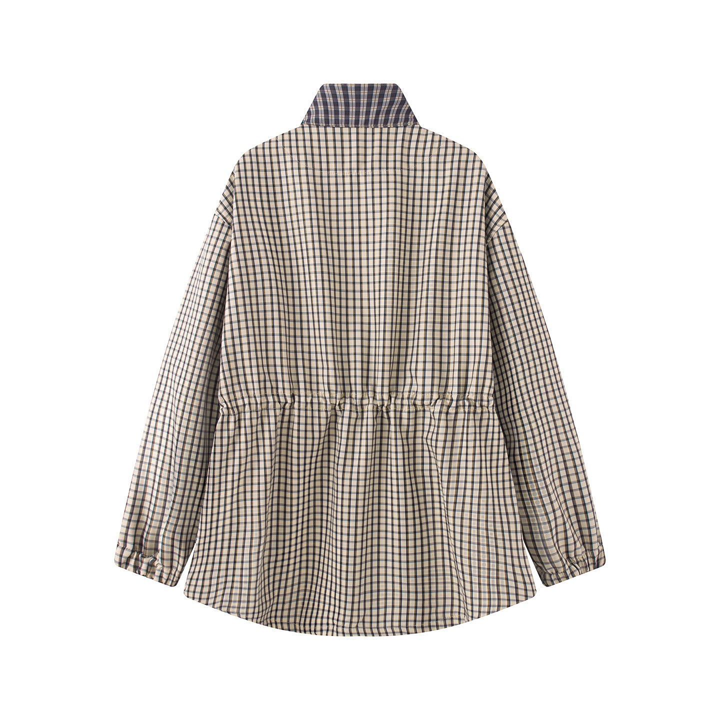 Women Checked Oversize Parka Jacket with Drawstring and Stand-up Collar Chichicherry