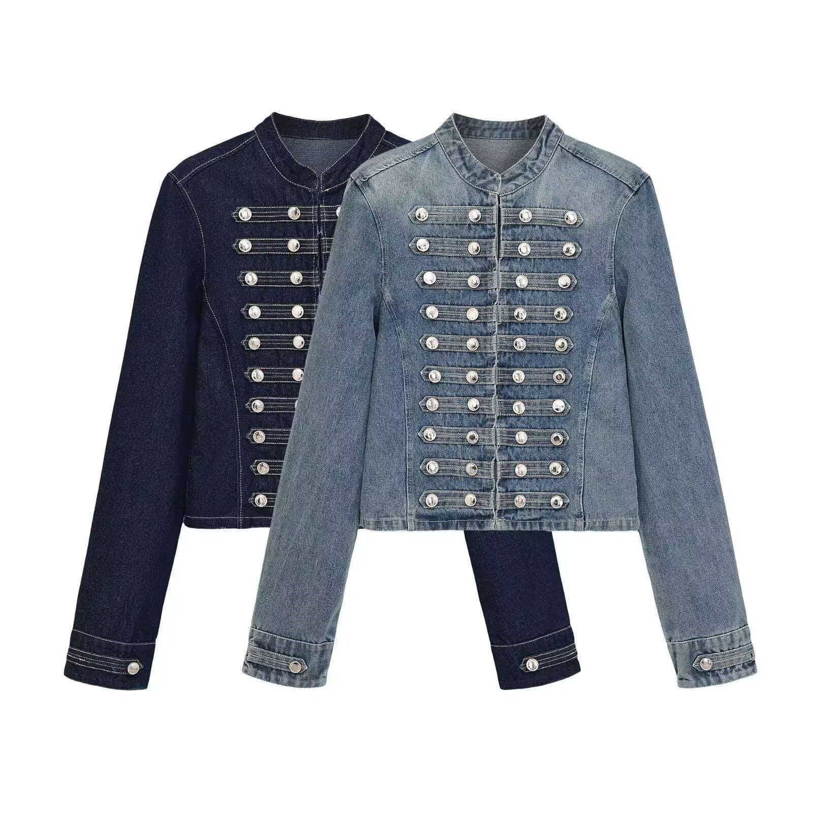 Women’s denim jacket in military style with row buttons and stand-up collar Chichicherry