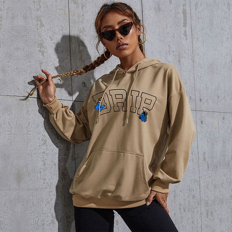 Women's Oversized Hoodie with Kangaroo Pocket and Butterfly Embroidery Chichicherry