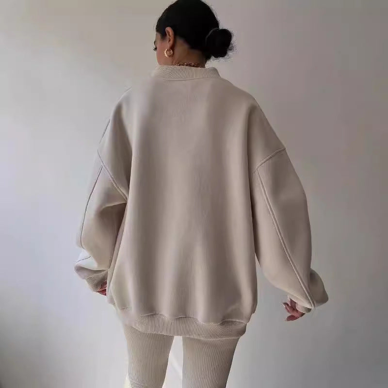 Damen Oversized Sweatshirt mit V-Ausschnitt und geripptem Kragen Chichicherry