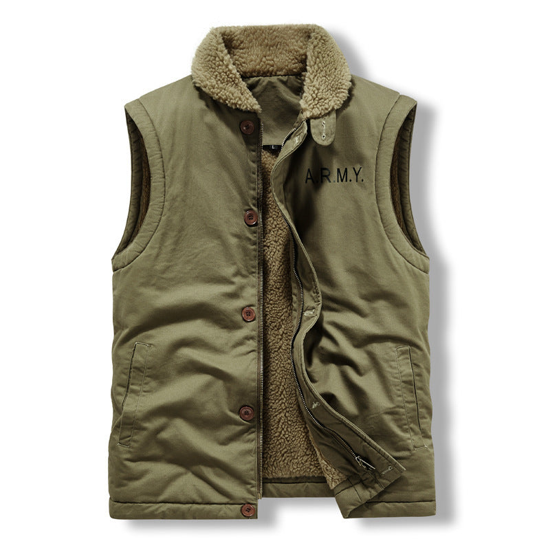 Men's Sleeveless Thermal Vest in Military Style with Teddy Lining and Stand-Up Collar Chichicherry