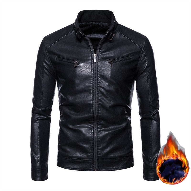 Men's Slim-Fit Faux Leather Biker Jacket with Stand Collar, Zipper Pockets, and Soft Inner Lining Chichicherry