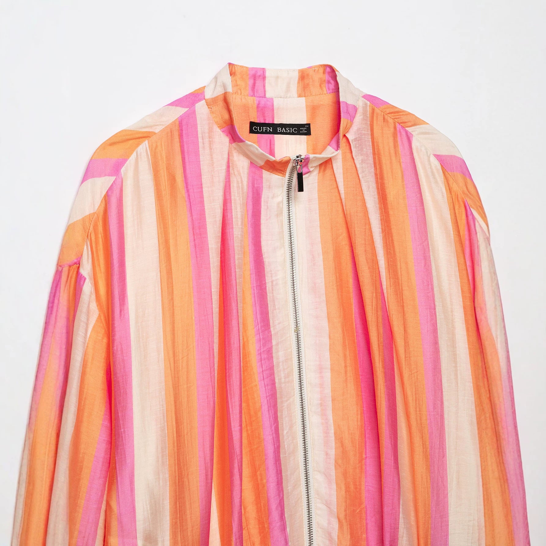 Women's Lightweight Striped Cropped Bomber Jacket made of Transparent Crêpe with Balloon Sleeves Chichicherry