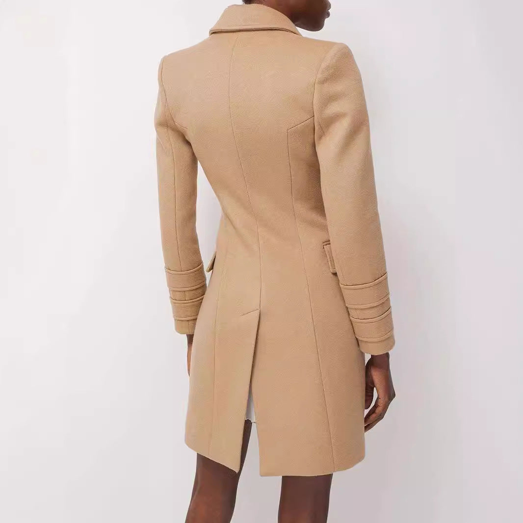 Women’s short coat in blazer dress style with structured waistline and golden decorative buttons Chichicherry